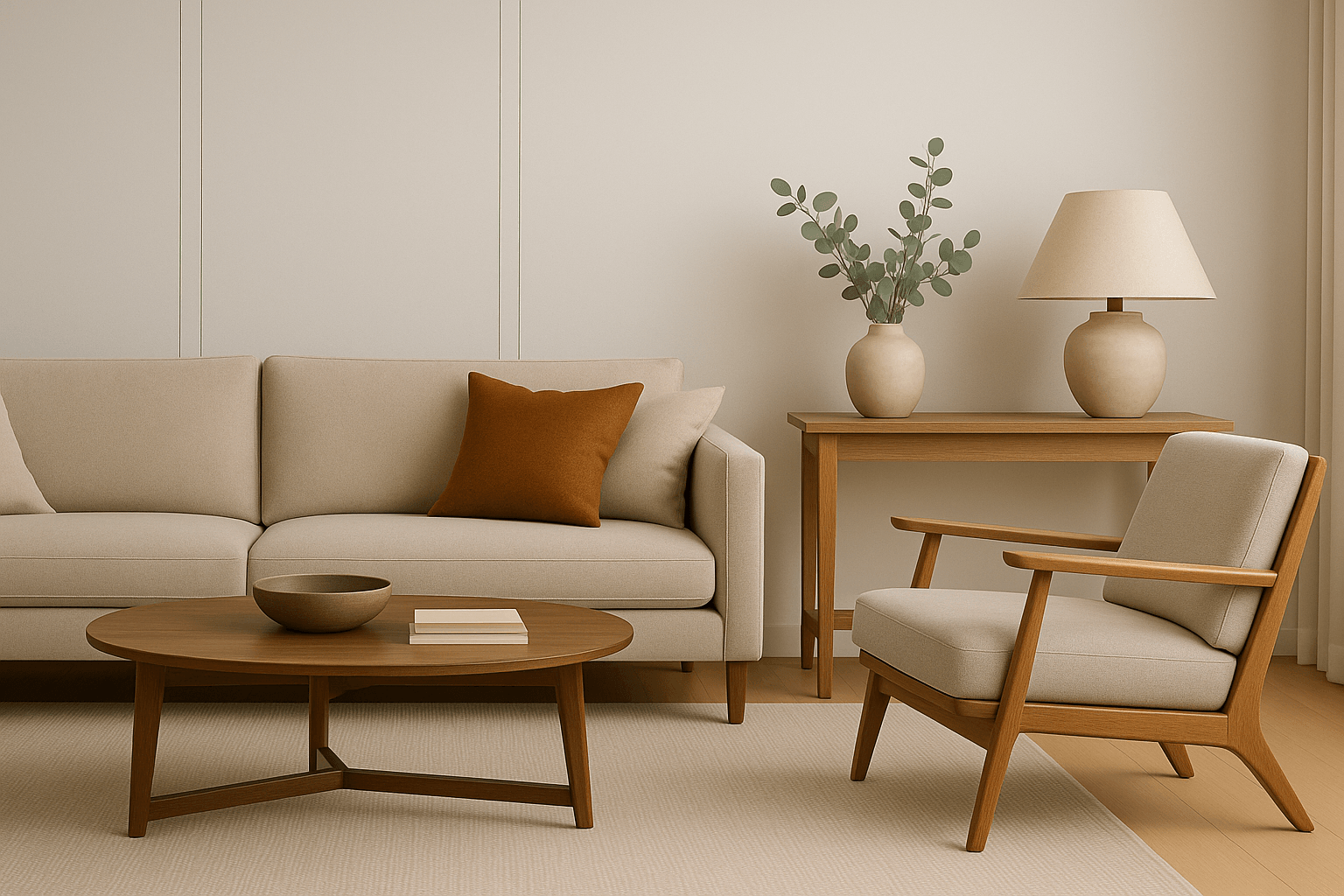 Custom-crafted furniture in a modern living room with bespoke sofa, bed, and kitchen elements